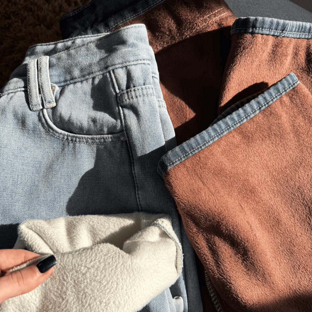 Calça Jeans Wide Leg Feminina Peluciada + Meia Térmica