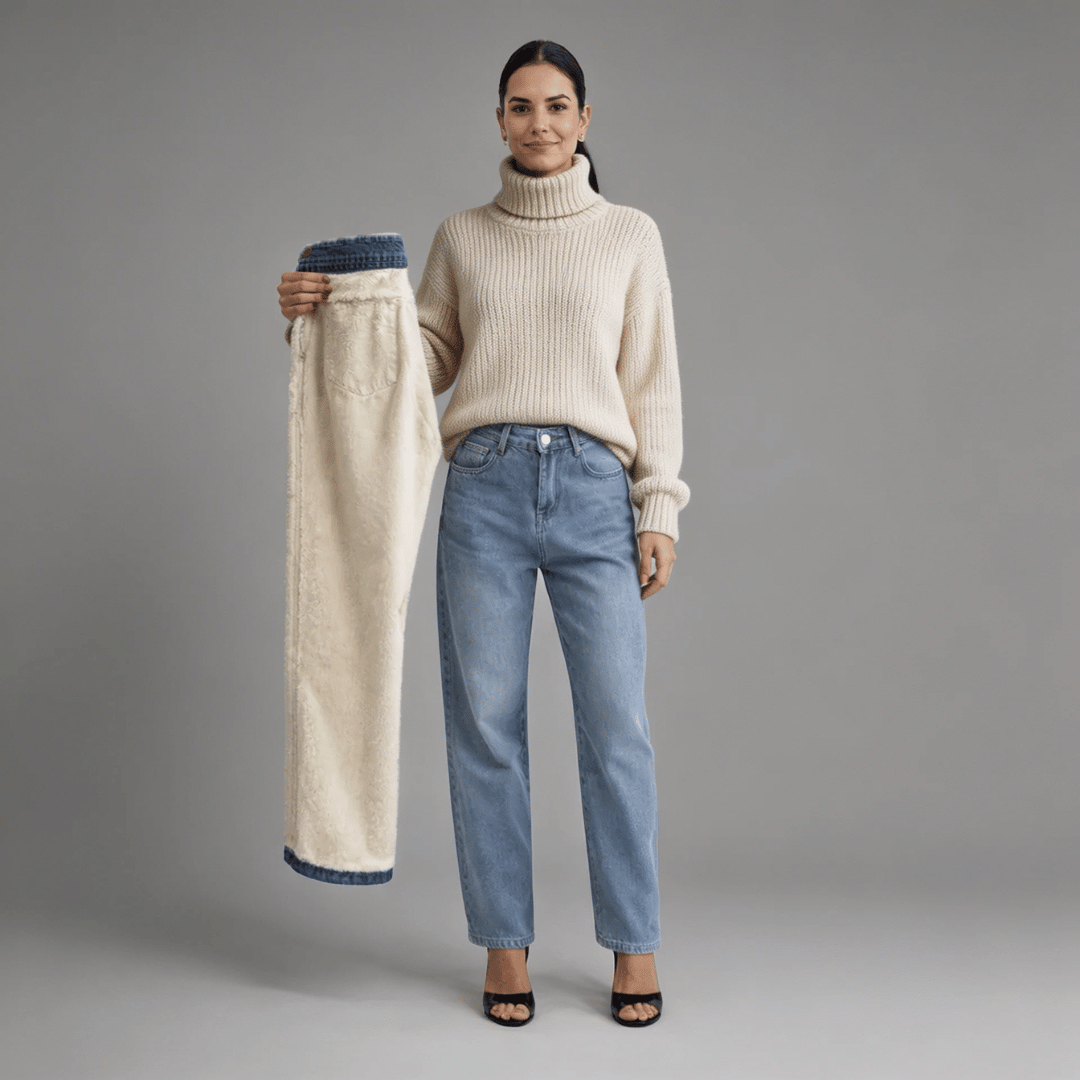 Calça Jeans Wide Leg Feminina Peluciada + Meia Térmica