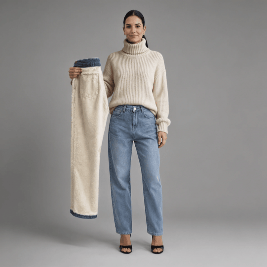 Calça Jeans Wide Leg Feminina Peluciada + Meia Térmica