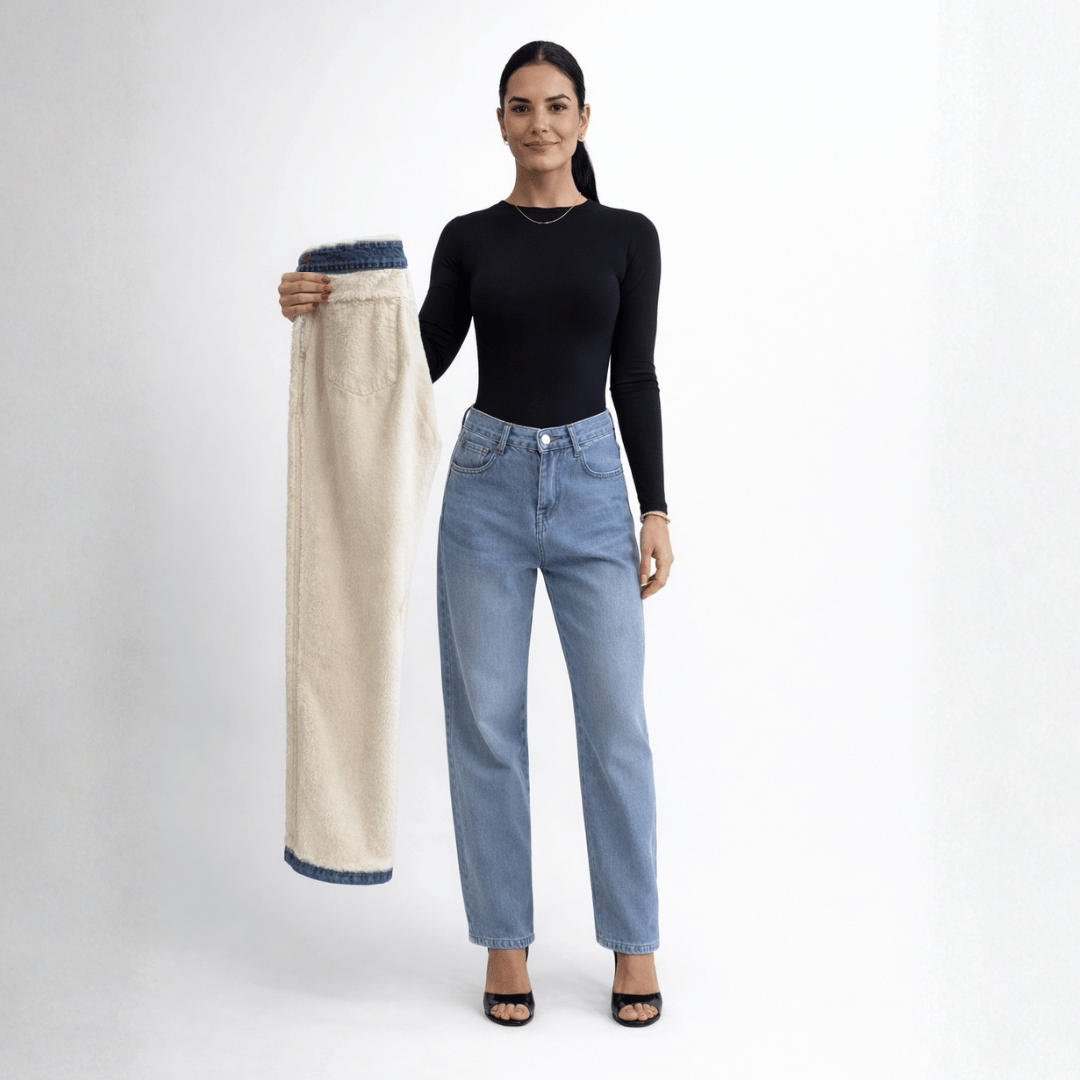 Calça Jeans Wide Leg Feminina Peluciada + Meia Térmica