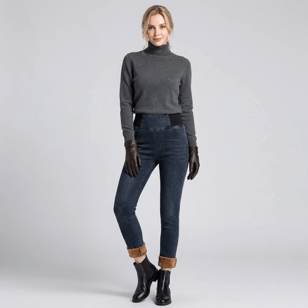 Calça Jeans Feminina Montaria Peluciada + Meia Térmica