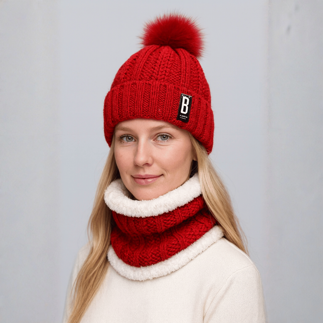 Conjunto Feminino Gola e Touca de Tricô Forrada com Pelúcia