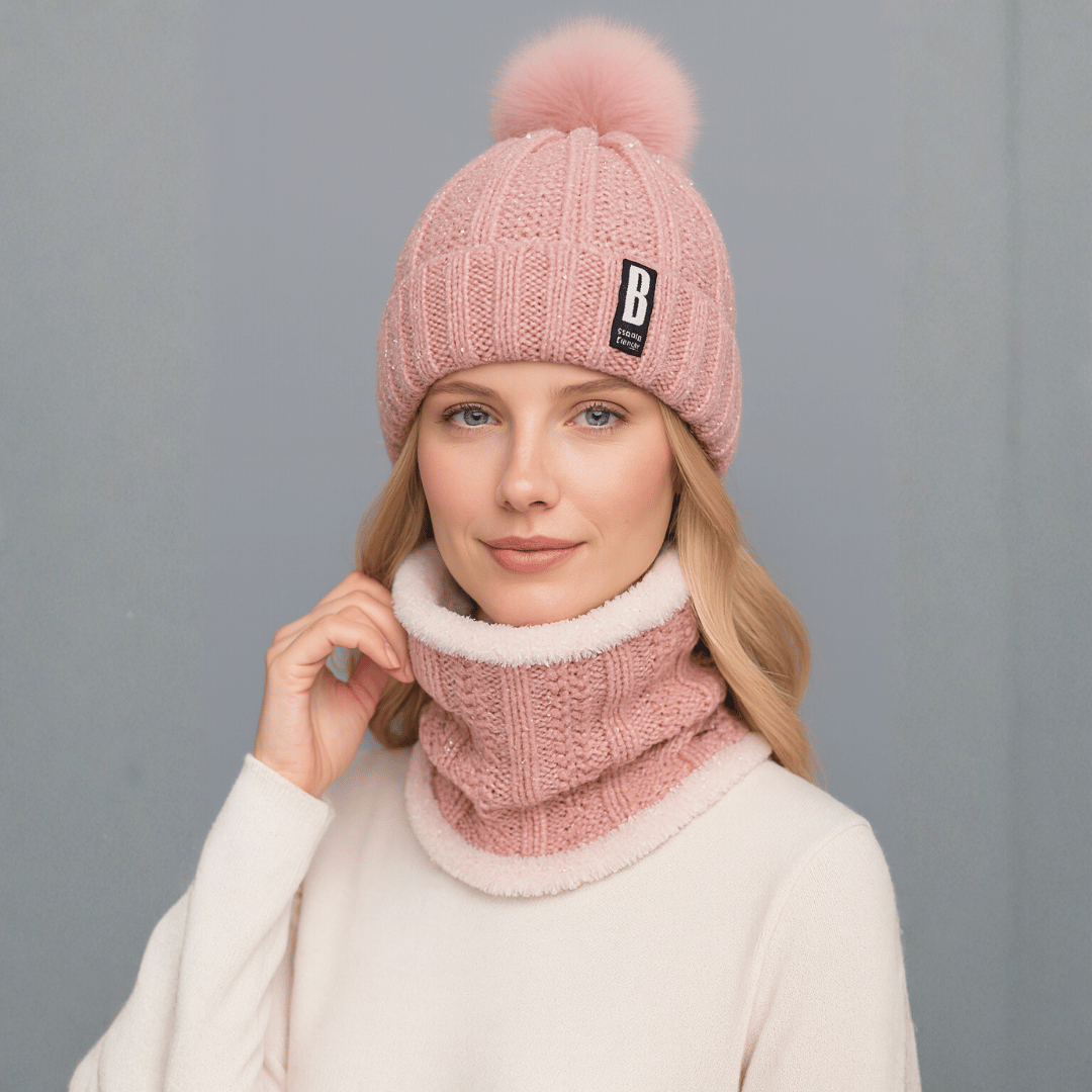 Conjunto Feminino Gola e Touca de Tricô Forrada com Pelúcia