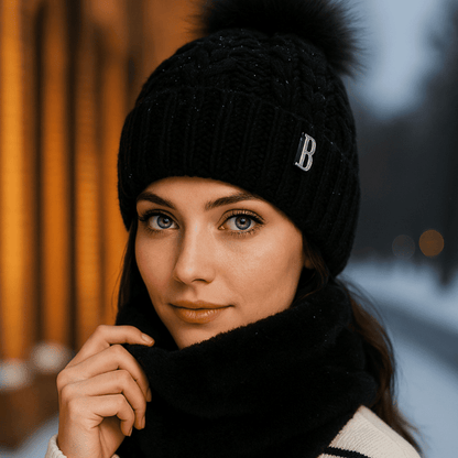 Conjunto Feminino Gola e Touca de Tricô Forrada com Pelúcia