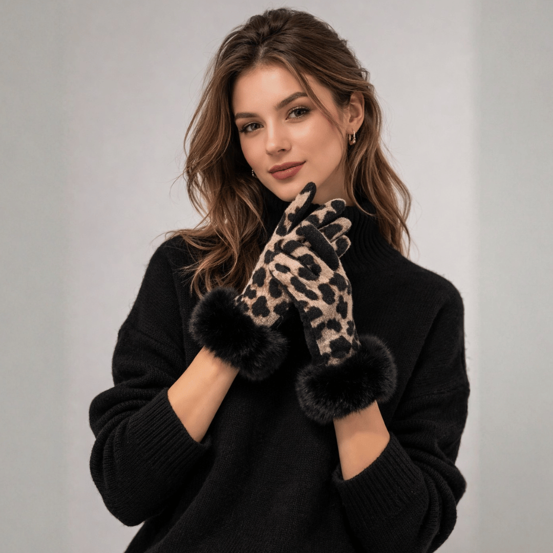 Luva Feminina Animal Print com Detalhe em Pelúcia